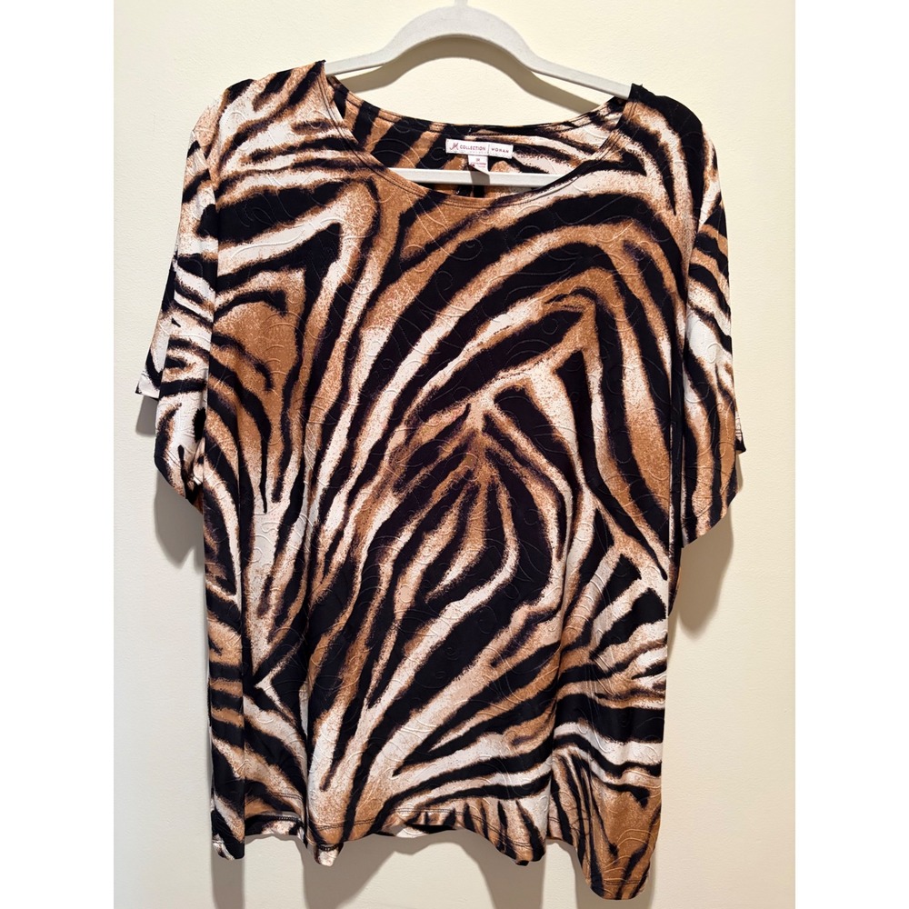 JM Collection Woman Tiger Print Short Sleeve Top Brown Black White Plus Size 3X